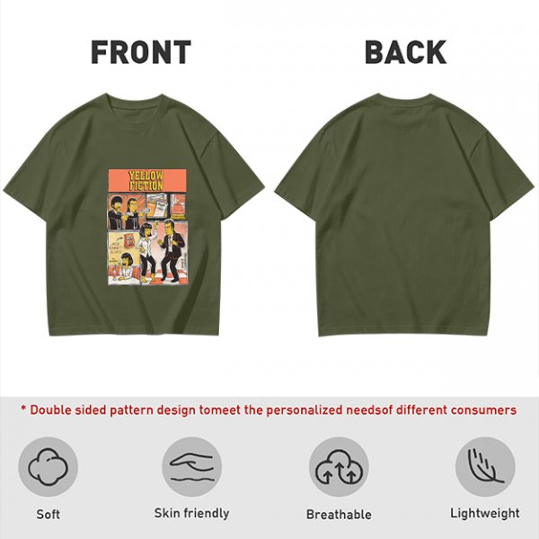 Olive green t-shirt with Yellow Fiction Simpson-style Pulp Fiction dance print
