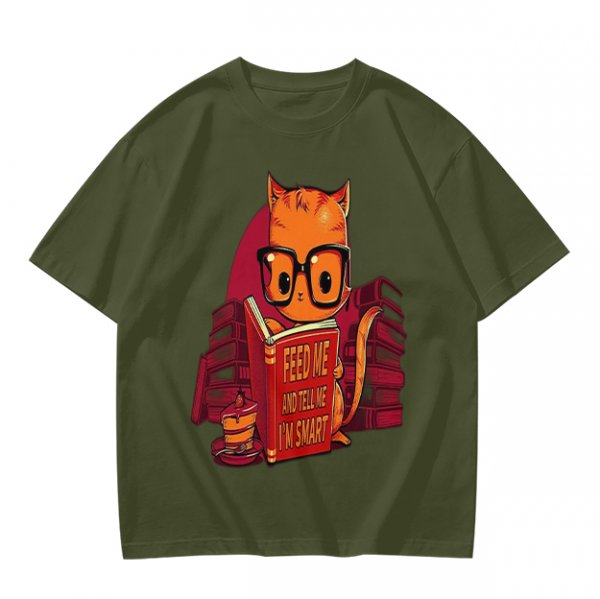 Olive T-Shirt With Nerdy Ginger Cat Reading Book Print