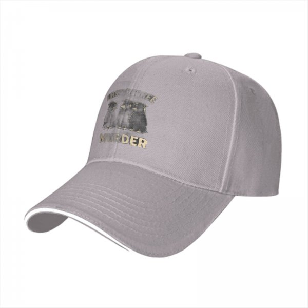 Black baseball cap with 'First Three Murder' and graduation penguins graphic