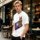 Olive T-shirt with a cartoon cat emerging from a purple chocolate wrapper print