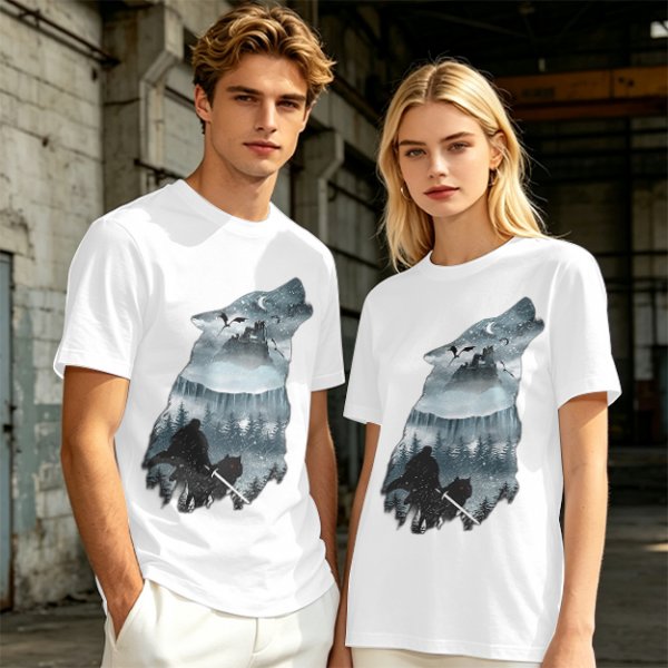 Olive T-Shirt With Howling Wolf Silhouette Winter Fantasy Art Print