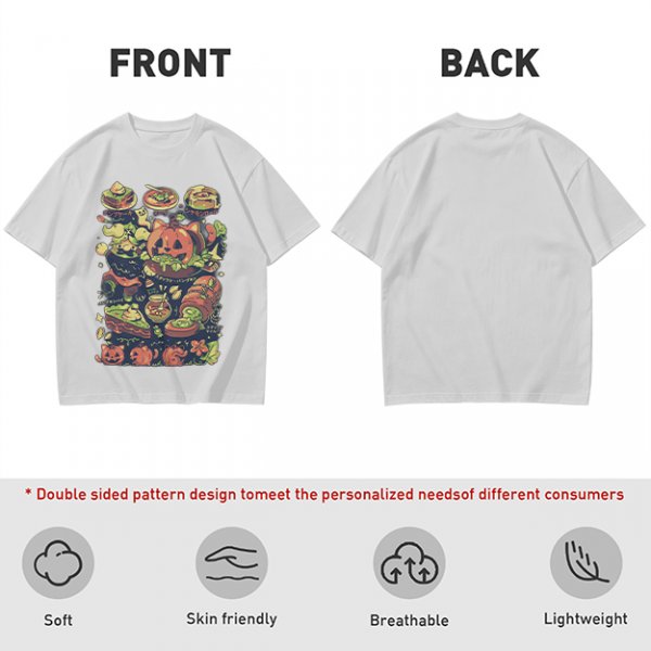 Olive T-Shirt With Halloween Themed Food And Pumpkin Cat Print