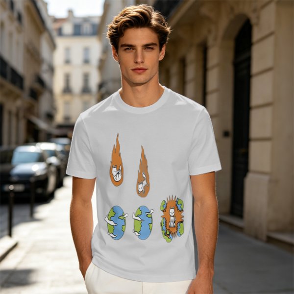 Olive Graphic Tee With Falling Cat Comets And Earth Artwork