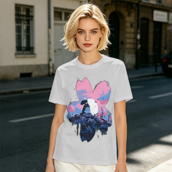 Olive T-Shirt with Sakura Flower and Whimsical Forest Creature Print