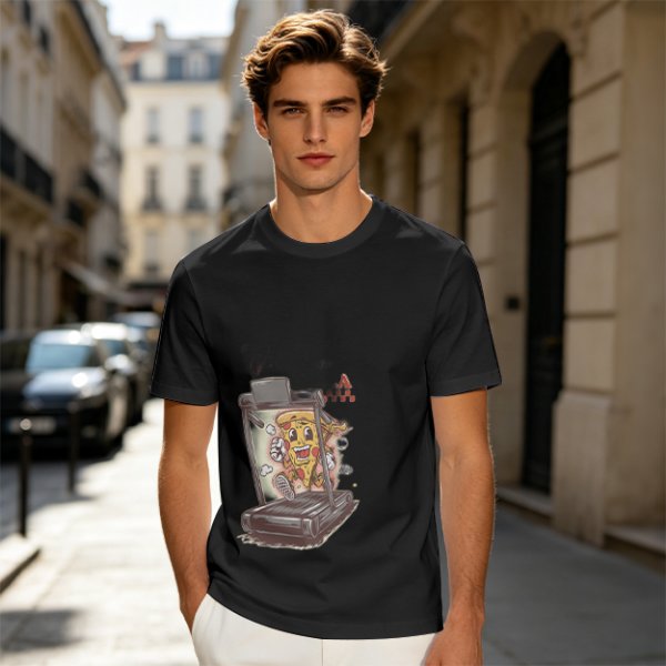 Olive T-shirt with cartoon pizza running on treadmill graphic