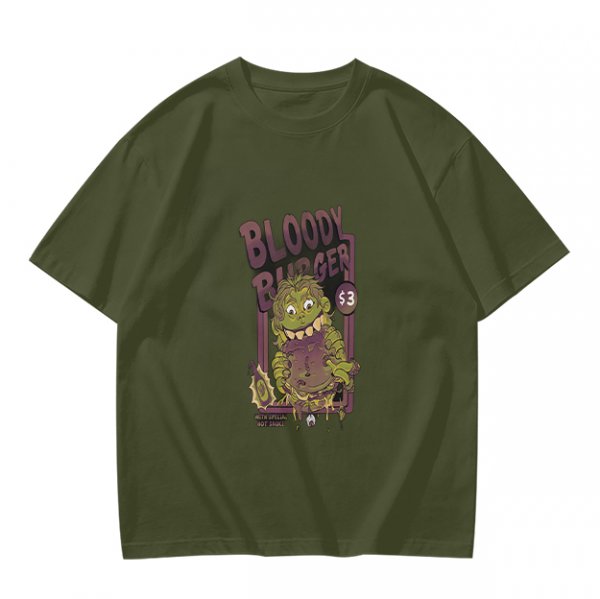 Olive Graphic T-Shirt With Bloody Burger Monster Print
