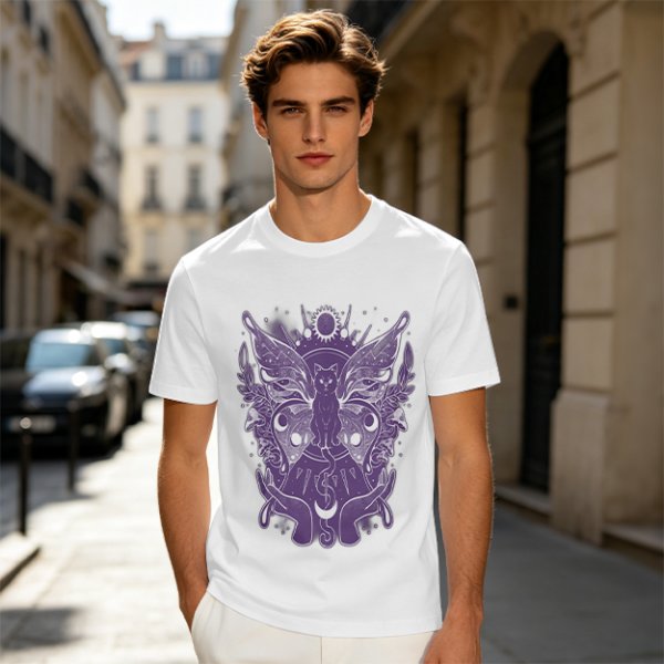 Olive T-Shirt with Celestial Cat Moth and Mystical Hands Print