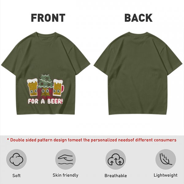 Olive green Christmas beer graphic t-shirt with 'FOR A BEER!' text