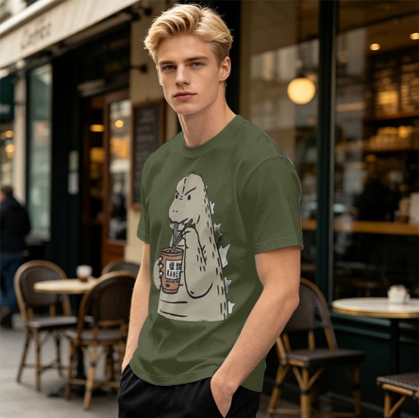 Olive T-Shirt Featuring Godzilla Eating Ramen