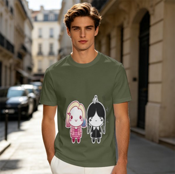 Olive T-Shirt with Chibi Wednesday Addams and Enid Sinclair Print