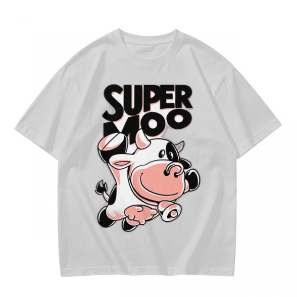 Olive green t-shirt with 'SUPER MOO' and cartoon cow graphic