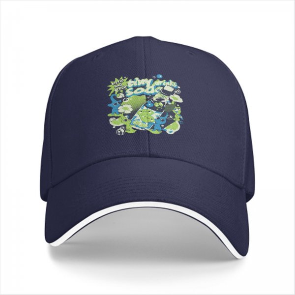 Black baseball cap with tiny drinks soda and alien graphic print