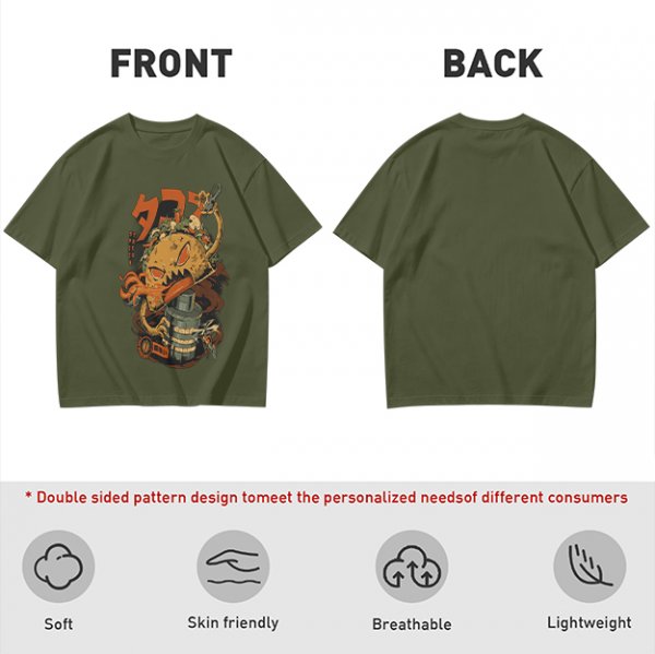 Olive T-shirt with Monster Burger and Japanese Graphic Print