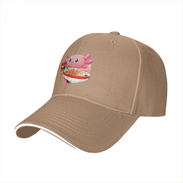 Black baseball cap with cute axolotl eating ramen graphic