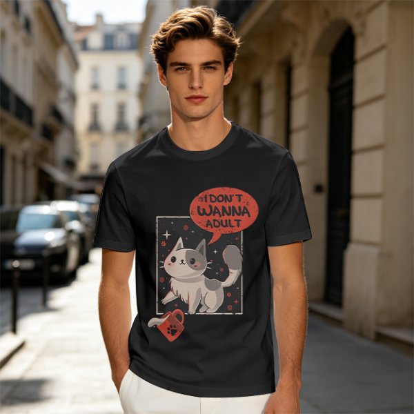 Olive cat graphic t-shirt with 'I don't wanna adult' print