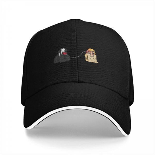 Black baseball cap with Scream ghost and victim phone call graphic