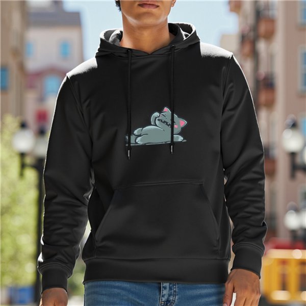 Black Hoodie with Cute Yawning Gray Cat Graphic