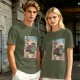 Olive T-shirt with ukiyo-e style fantasy creature graphic print