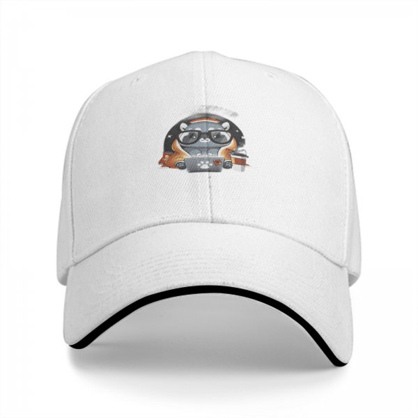 Black Baseball Cap With Cute Raccoon Working On Laptop Print