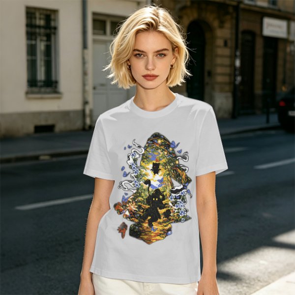 Olive Green T-Shirt With Mystical Cat Silhouette Graphic Print