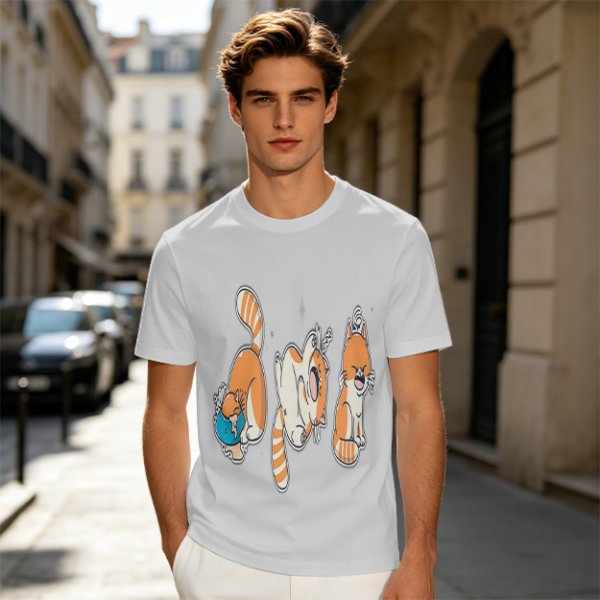 Olive T-Shirt With Playful Orange Cat Illustrations