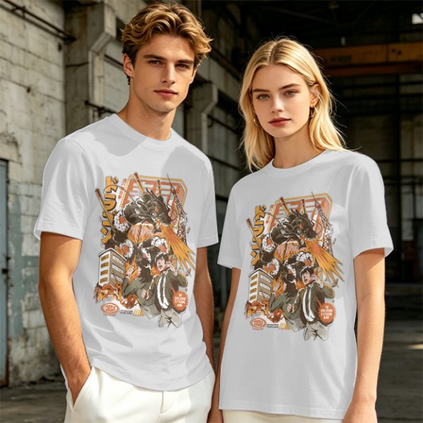 Olive green anime graphic t-shirt with monster and city scene
