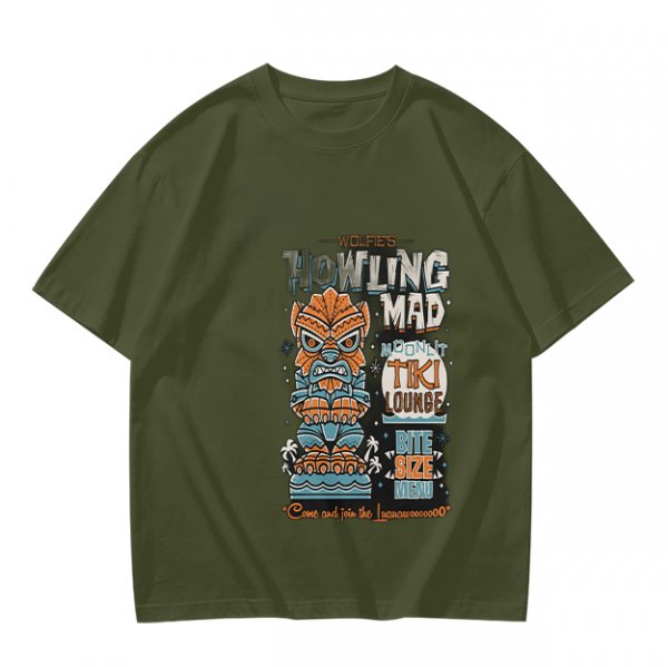 Olive t-shirt with Howling Mad Tiki Lounge graphic print