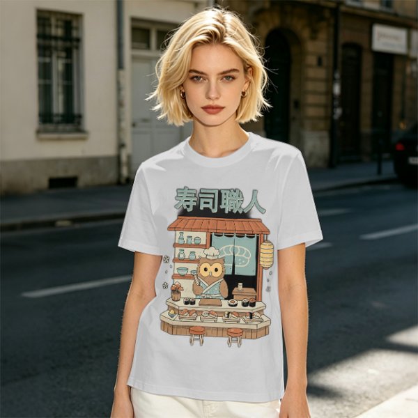 Owl sushi chef at Japanese sushi shop graphic t-shirt