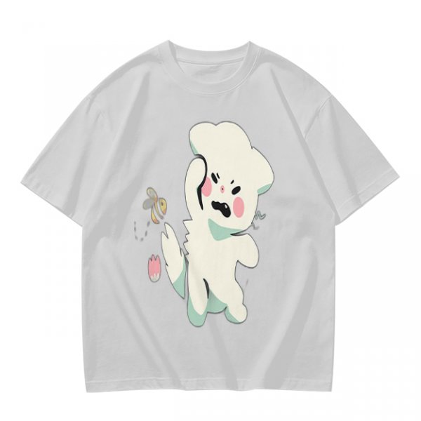 Olive T-Shirt With Angry Fluffy White Creature Swatting At Bee Print