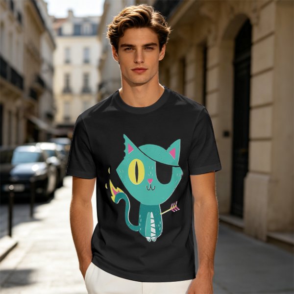 Olive Green T-Shirt With Pirate Cat Graphic Print