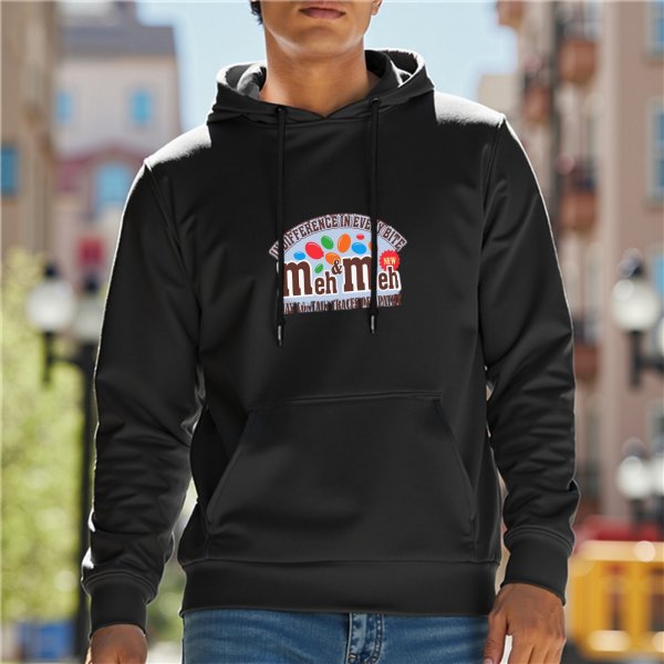Black Hoodie With Funny Meh Meme Candy Parody Graphic