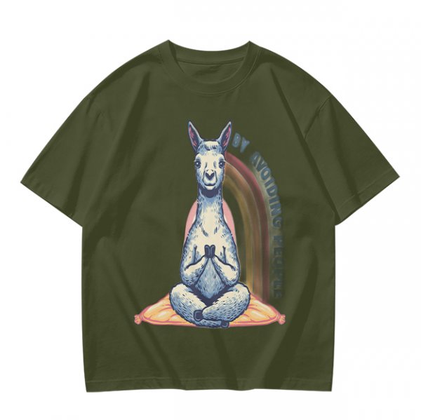 Olive T-Shirt With Meditating Llama Rainbow Graphic