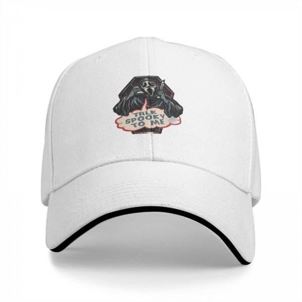 Black baseball cap with Ghostface 'Talk Spooky To Me' horror print