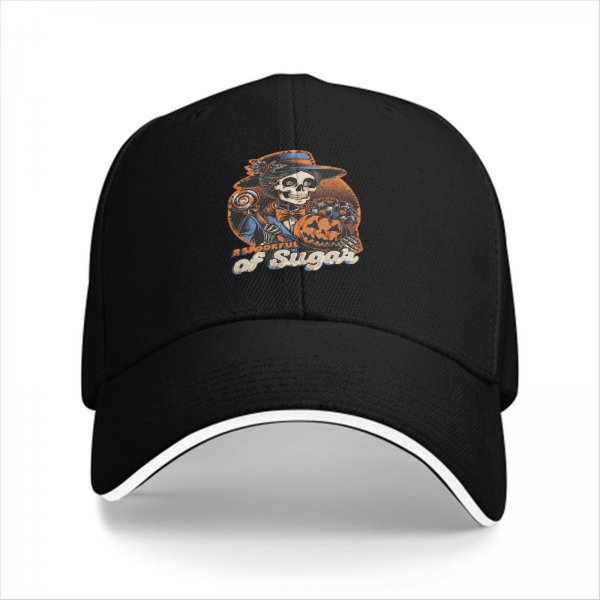 Black baseball cap with spooky sugar skeleton pumpkin graphic