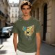 Olive T-shirt with a cartoon cheese taking a selfie and making a peace sign