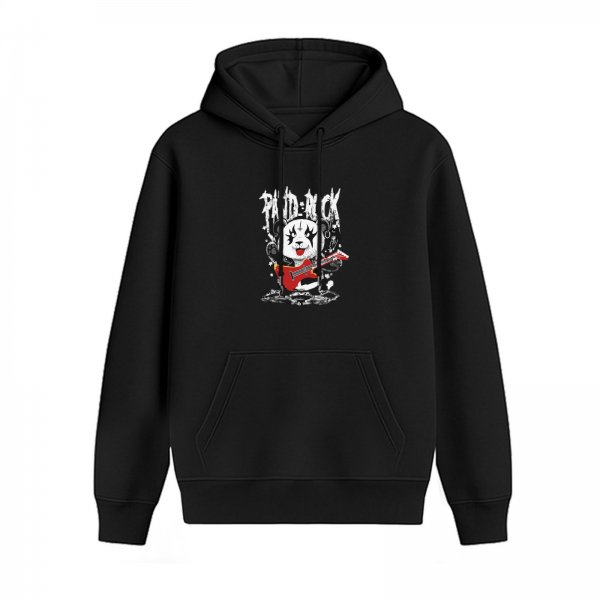 Black hoodie with rock panda playing electric guitar graphic