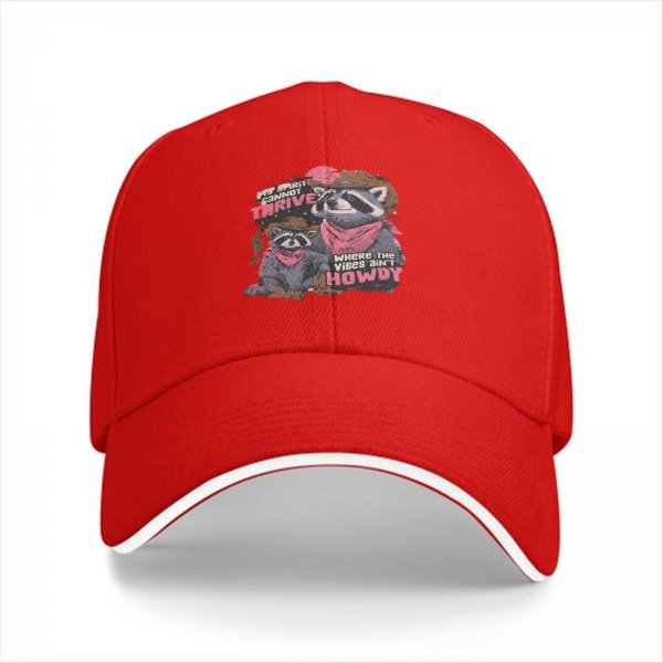 Black baseball cap with cowboy raccoon graphic and 'where the vibes ain't howdy' text