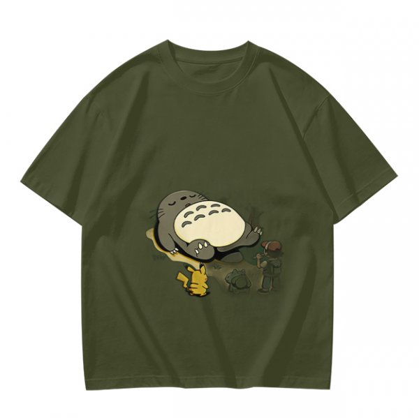 Olive T-shirt with Sleeping Totoro and Crossover Anime Characters Print