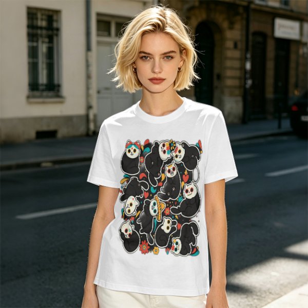 Olive T-Shirt With Day Of The Dead Cat Skull Graphic Print