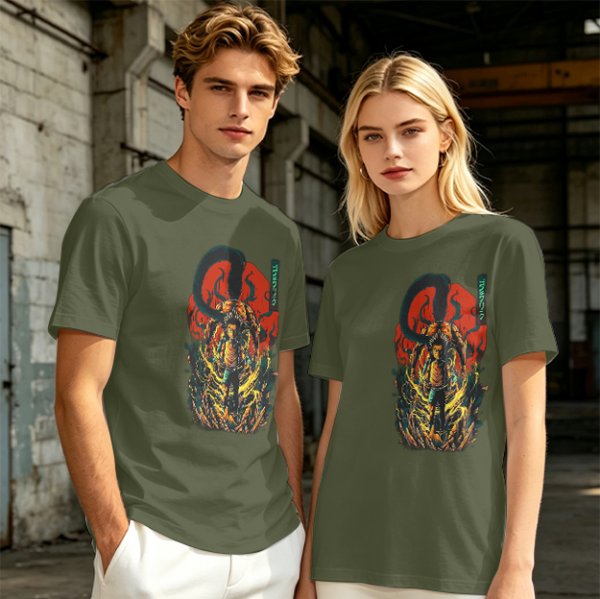 Olive T-shirt with Dark Fantasy Tentacle Monster Graphic Print