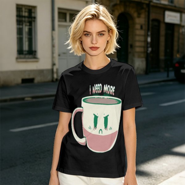 Olive Graphic Tee With Angry Coffee Cup I Need More Print
