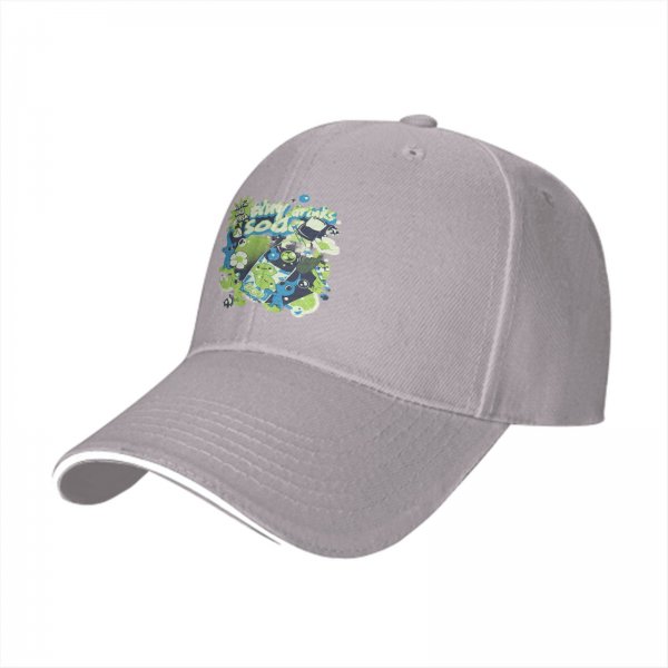 Black baseball cap with tiny drinks soda and alien graphic print
