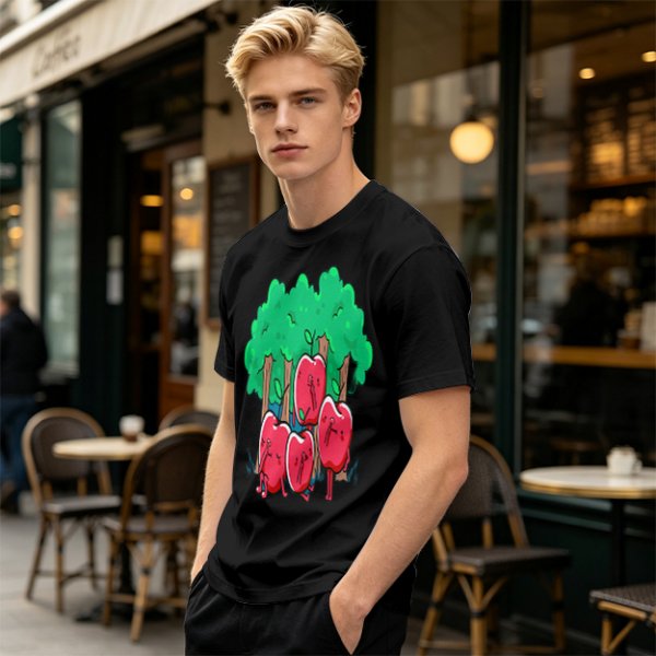 Olive T-Shirt With Cartoon Anthropomorphic Apples In Forest Print