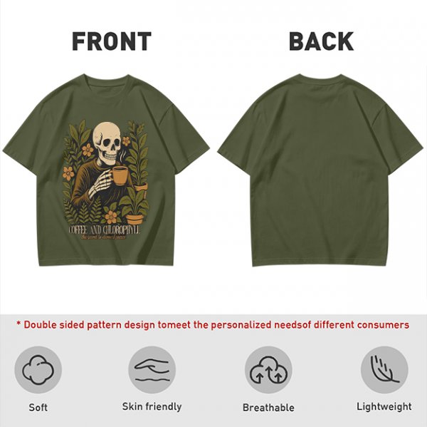 Skeleton with Coffee and Plants T-Shirt Graphic