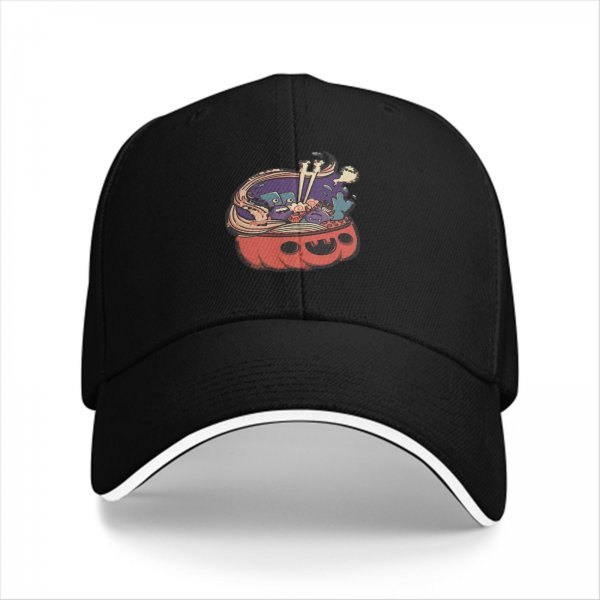 Black Baseball Cap With Halloween Pumpkin Ramen Bowl Graphic