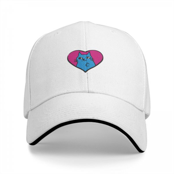 Black Baseball Cap With Blue Cat In Pink Heart Graphic