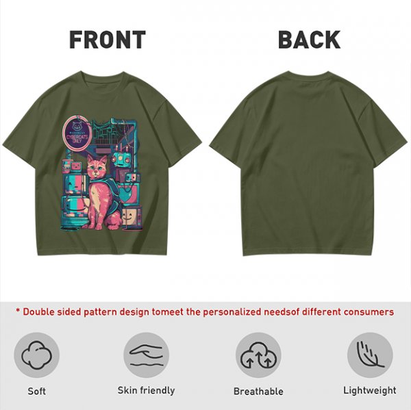 Olive T-Shirt with Cyberpunk Pink Cat and Robotic Tech Print