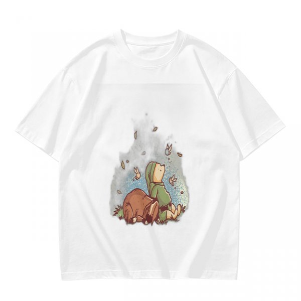 Olive green t-shirt with whimsical elf and dog artwork