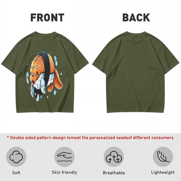 Olive T-Shirt With Cute Clownfish Sushi Graphic Print