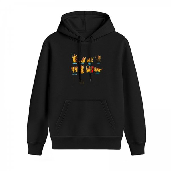 Black hoodie with playful cartoon cat illustrations